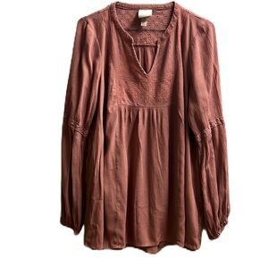 Knox Rose, Flamingo Pink, Long Sleeves, V-Neckline Front Top,  Large